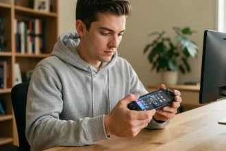 Jeune homme configurant une console portable Sony sur un bureau en bois dans un bureau à domicile moderne