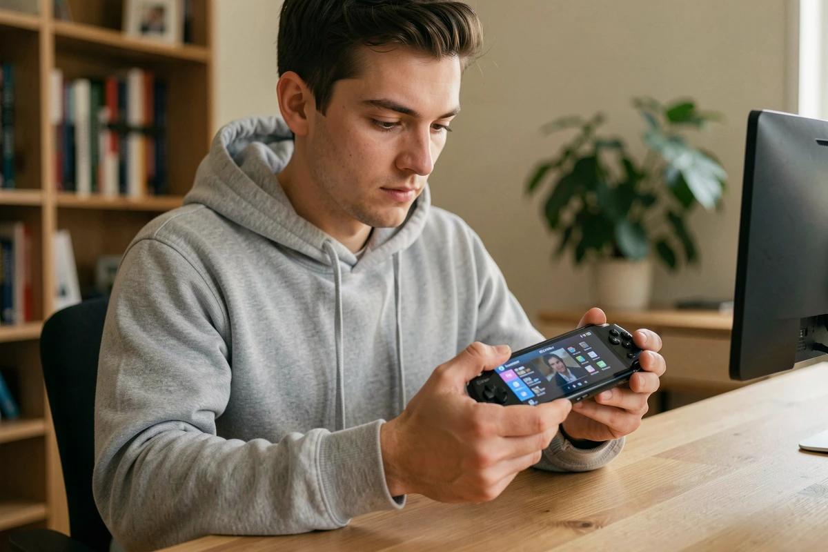 Jeune homme configurant une console portable Sony sur un bureau en bois dans un bureau à domicile moderne