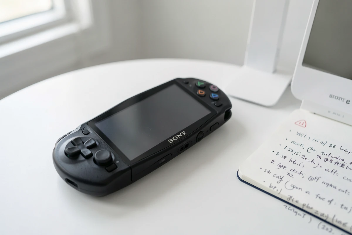 Console portable Sony placée sur un bureau blanc à côté d'un routeur Wi-Fi pour une configuration de jeu à distance