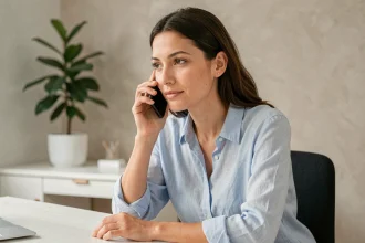 Femme utilisant son téléphone pour contacter un service client depuis son bureau à domicile