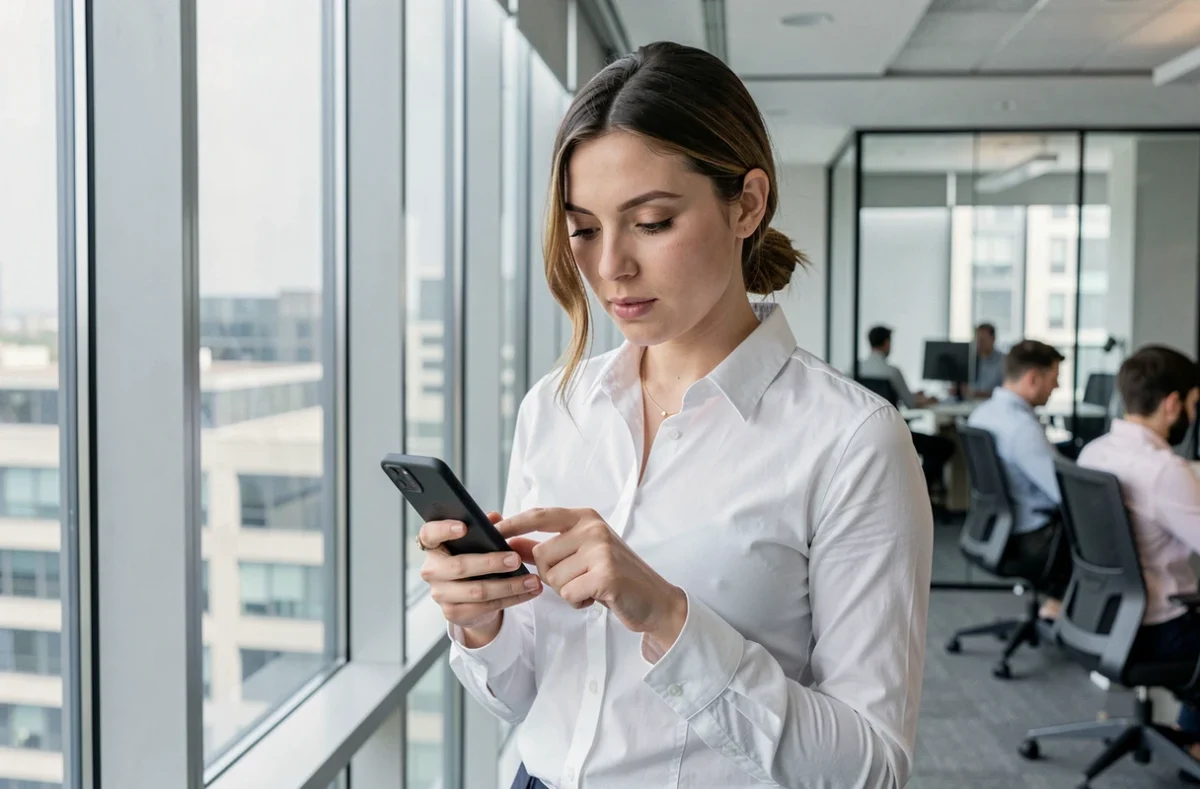 Femme professionnelle envoyant un message au service client depuis son bureau en open space