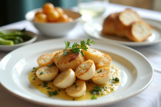 Coquilles SaintJacques à la normande élégamment dressées