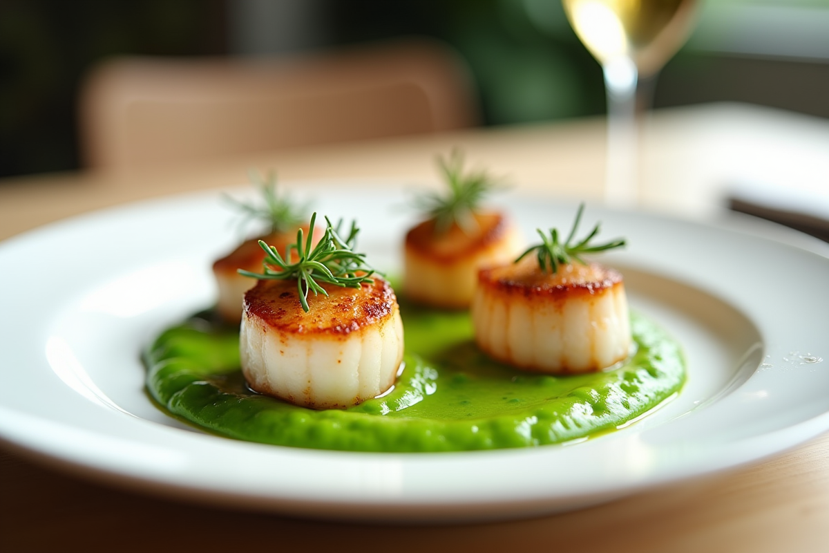 Coquilles seichees sur une assiette blanche avec purée de pois