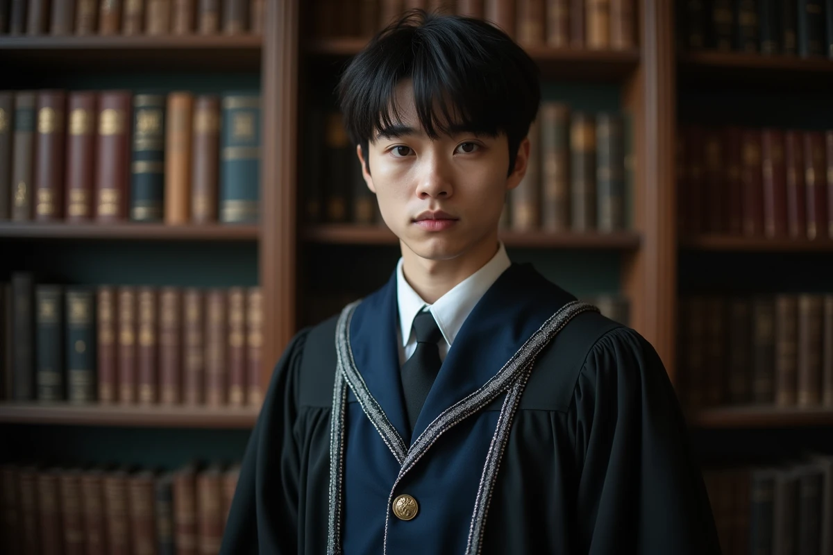 Cosplayer en uniforme d'académie démoniaque inspiré de l'anime The Fox-Eyed Villain dans une bibliothèque antique