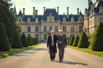 Couple agee elegant marche dans la cour du chateau