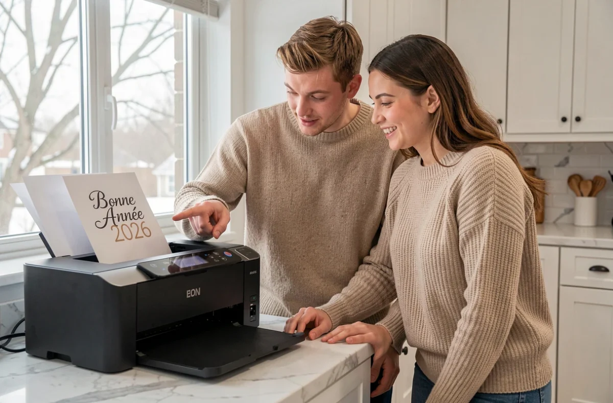 Couple imprimant ensemble une carte de vœux Bonne Année 2026 depuis leur imprimante à domicile