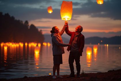 Couple agee libere lanternes colorées au coucher du soleil