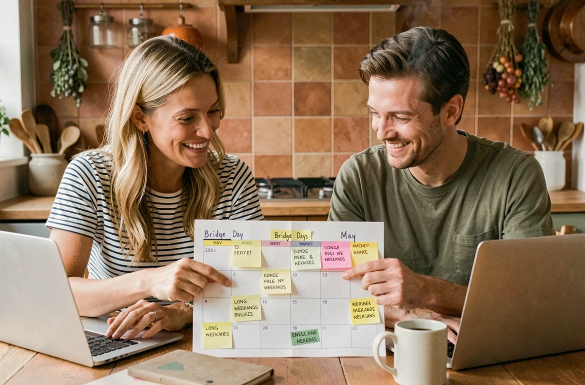 Couple organisant leurs vacances et ponts de mai autour d'un agenda partagé dans une cuisine conviviale