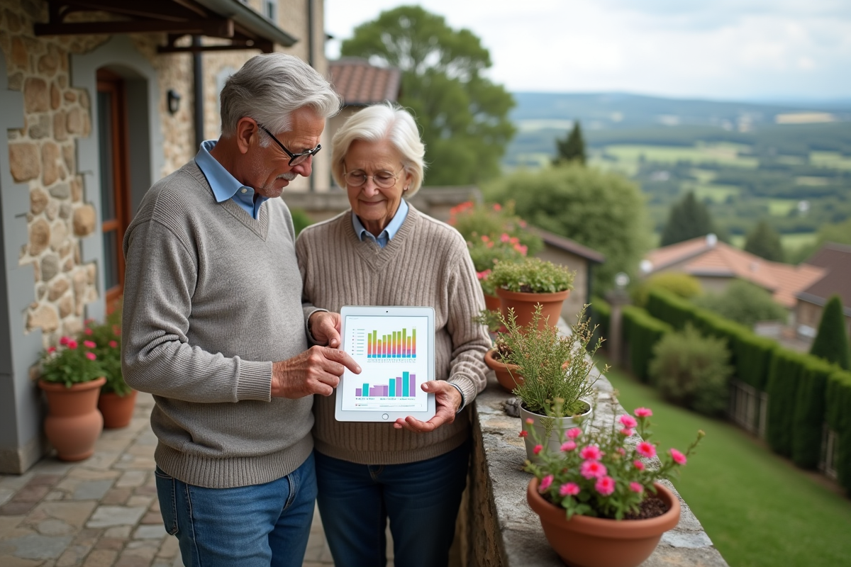 Couple retraité analysant des graphiques financiers sur une tablette en terrasse