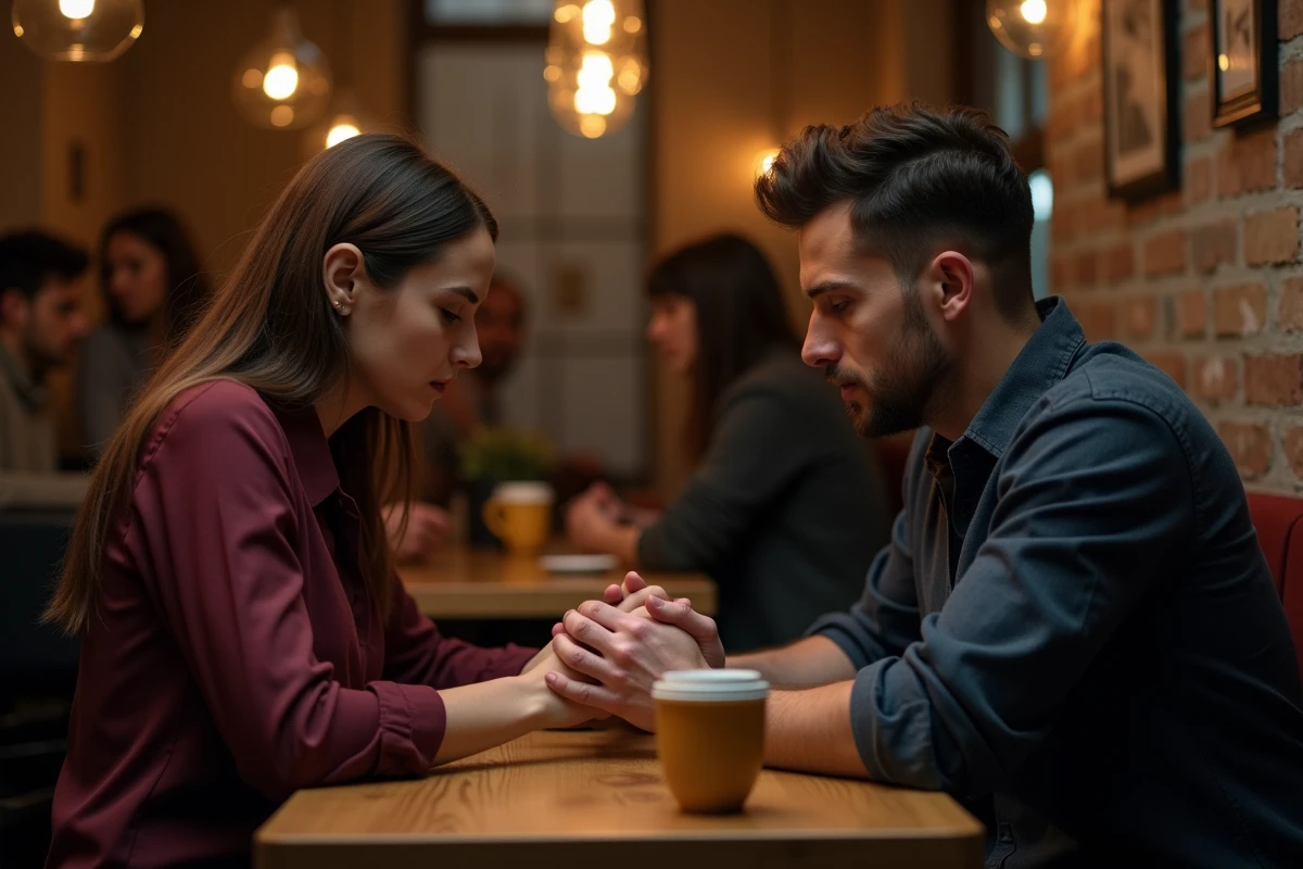 Couple assis en silence dans un café, mains proches sans se toucher, symbolisant la fin de parcours d'une relation de flammes jumelles