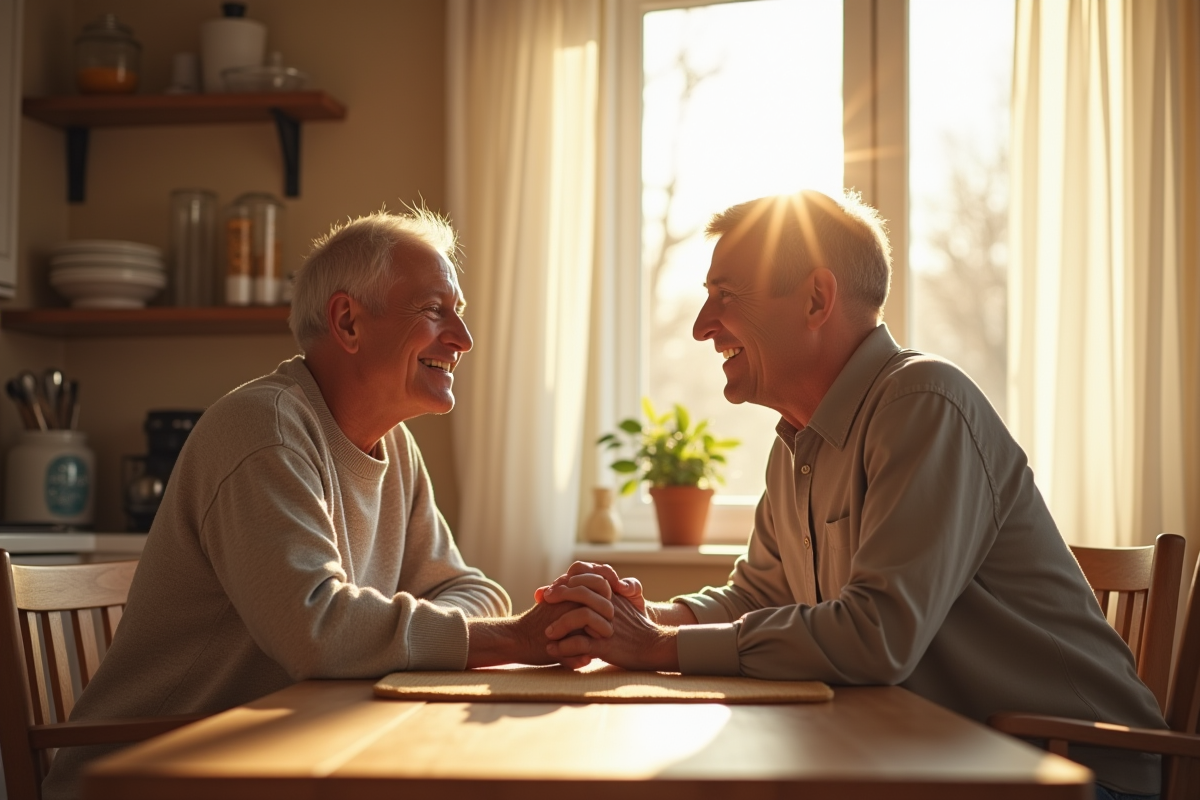 Couple souriant main dans la main au matin dans la cuisine