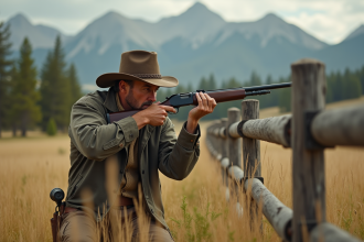 Homme cowboy visant un fusil dans la nature sauvage