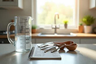 Plan de cuisine avec verre doseur 250 ml et tableau de conversion