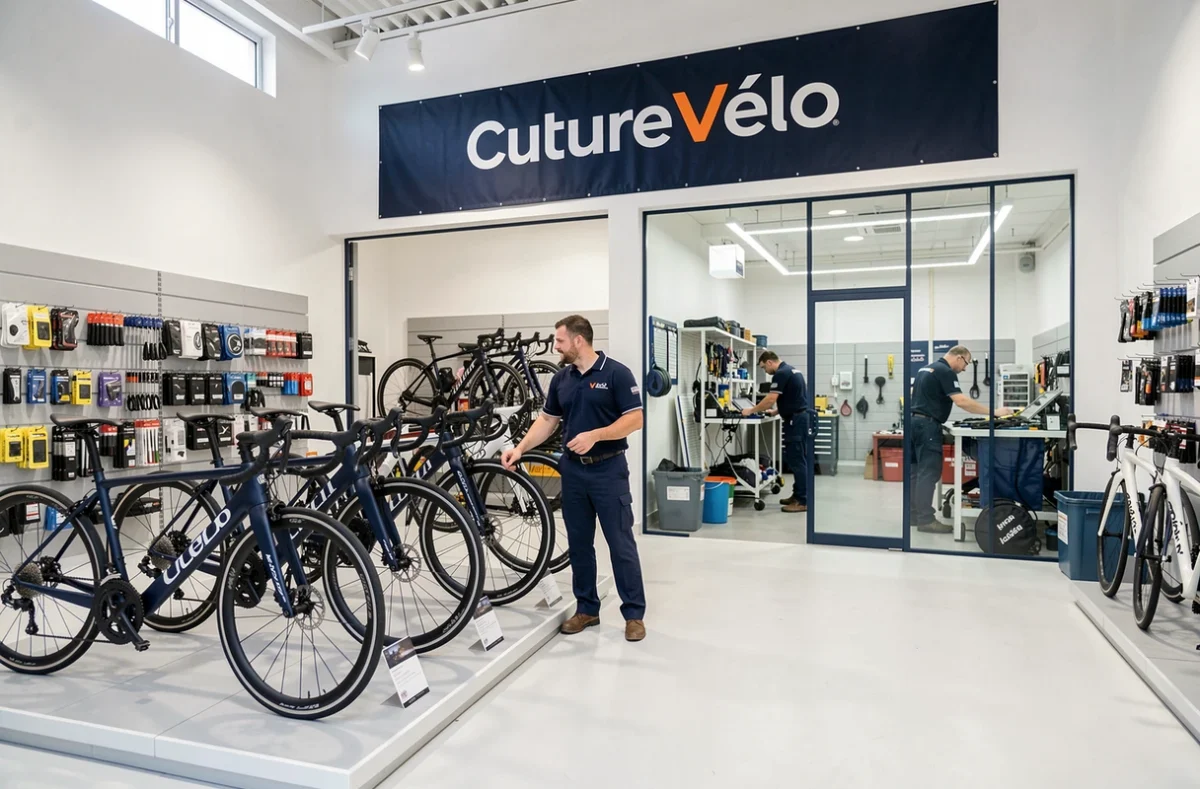Magasin Culture Vélo Nice avec un mécanicien en uniforme conseillant un client parmi les vélos de route exposés