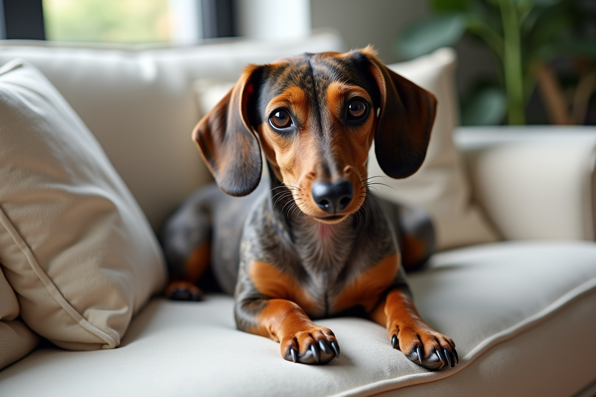 Dachshund merle allongé sur un canapé lumineux