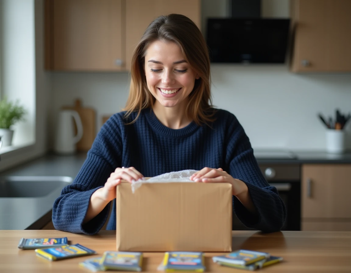Femme déballant une commande de cartes Pokémon reçue par livraison, inspection du colis et vérification du contenu