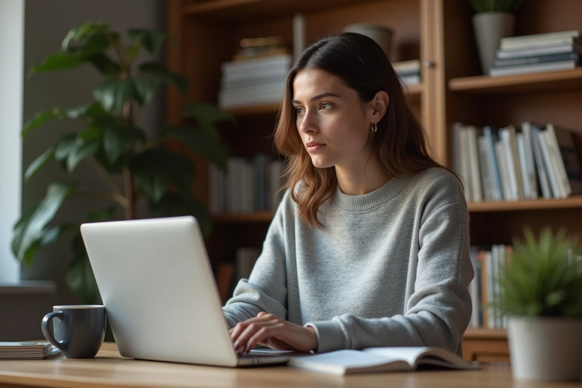 Jeune femme découvrant ACTUTANA sur son ordinateur portable dans un bureau à domicile moderne et organisé