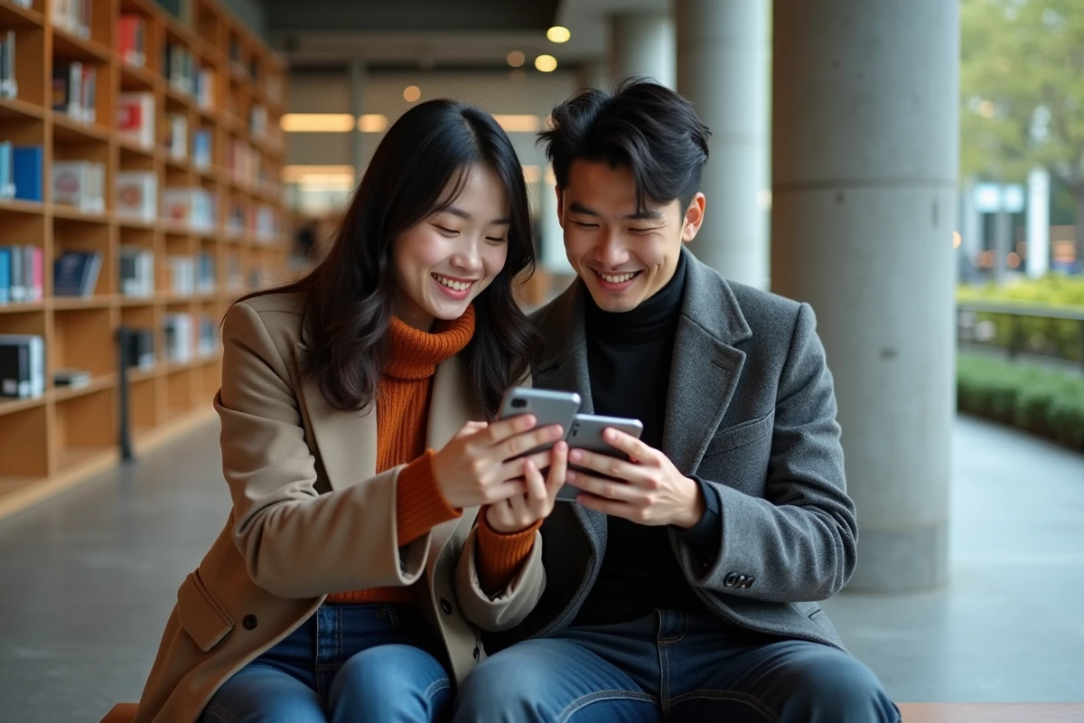 Deux jeunes adultes découvrant ensemble un manhwa en français sur smartphone dans une bibliothèque urbaine moderne