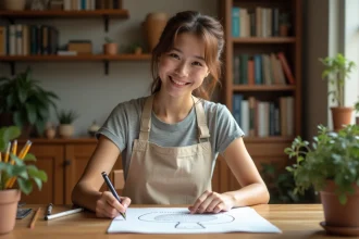 Jeune femme dessinant un champignon en pointillés sur papier blanc avec un stylo fin, assise à un bureau en bois dans un espace créatif chaleureux