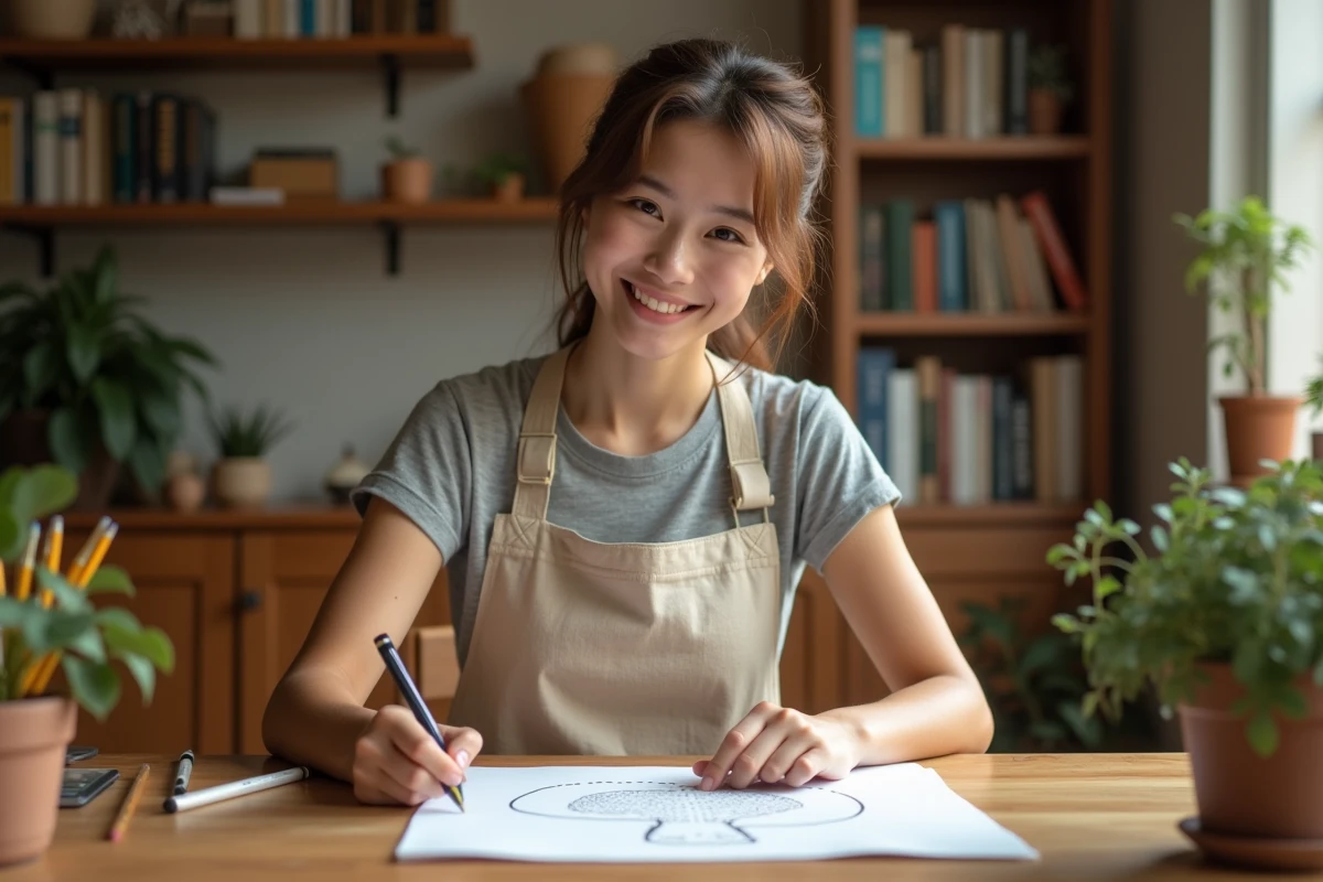 Jeune femme dessinant un champignon en pointillés sur papier blanc avec un stylo fin, assise à un bureau en bois dans un espace créatif chaleureux