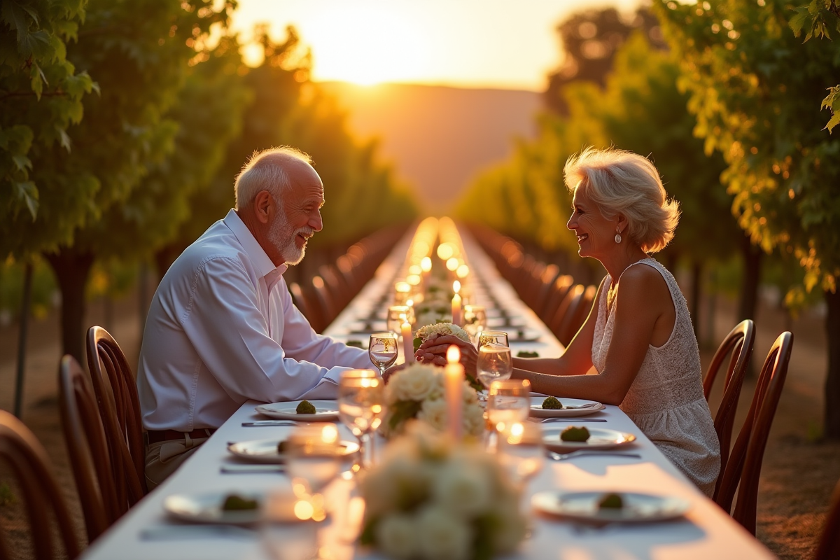 Diner romantique dans vignoble avec couple souriant