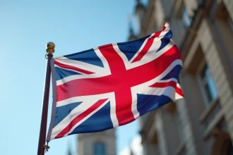 Gros plan du drapeau du Royaume-Uni, l'Union Jack, avec détails du tissu et motif de croix en rouge, blanc et bleu