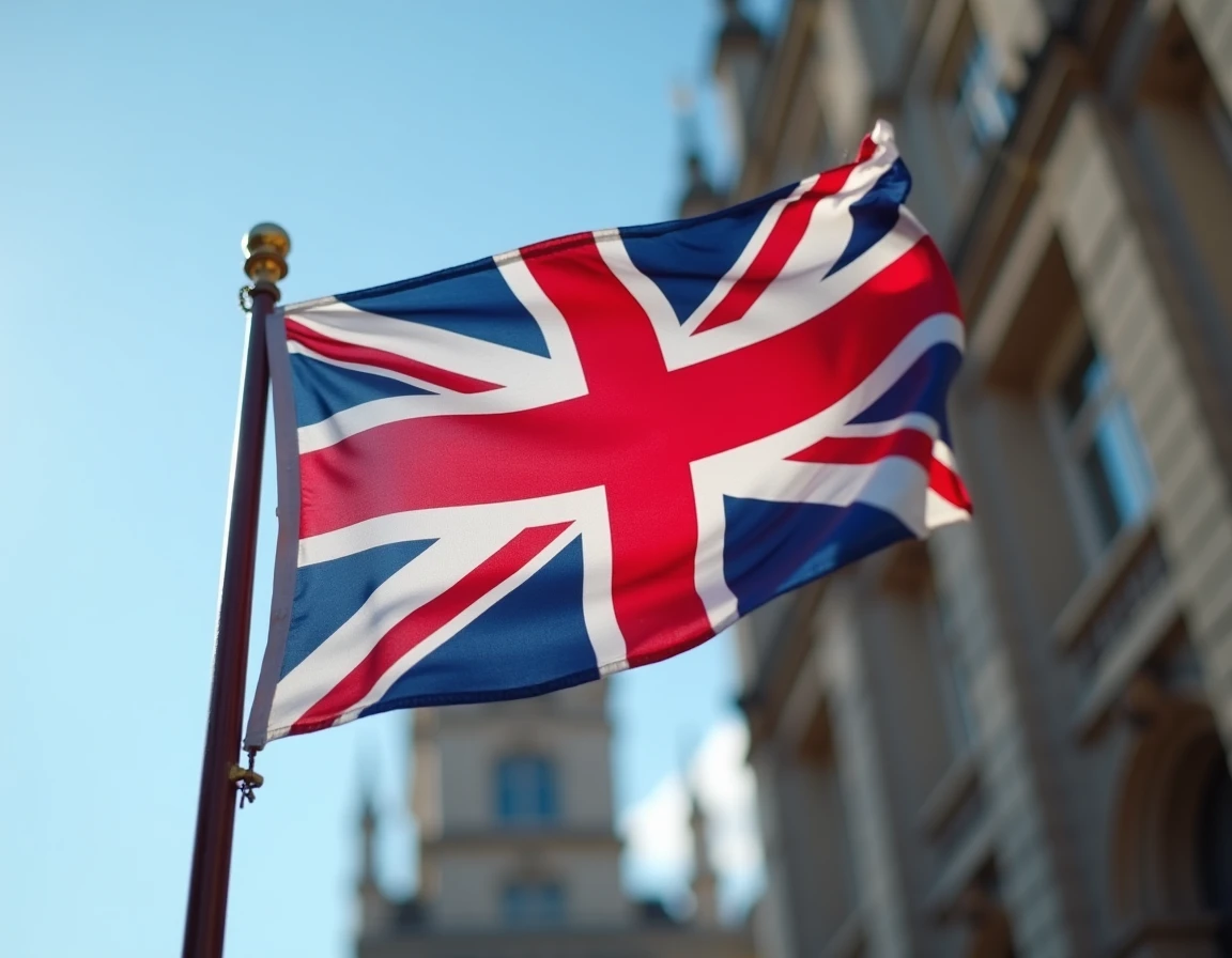 Gros plan du drapeau du Royaume-Uni, l'Union Jack, avec détails du tissu et motif de croix en rouge, blanc et bleu