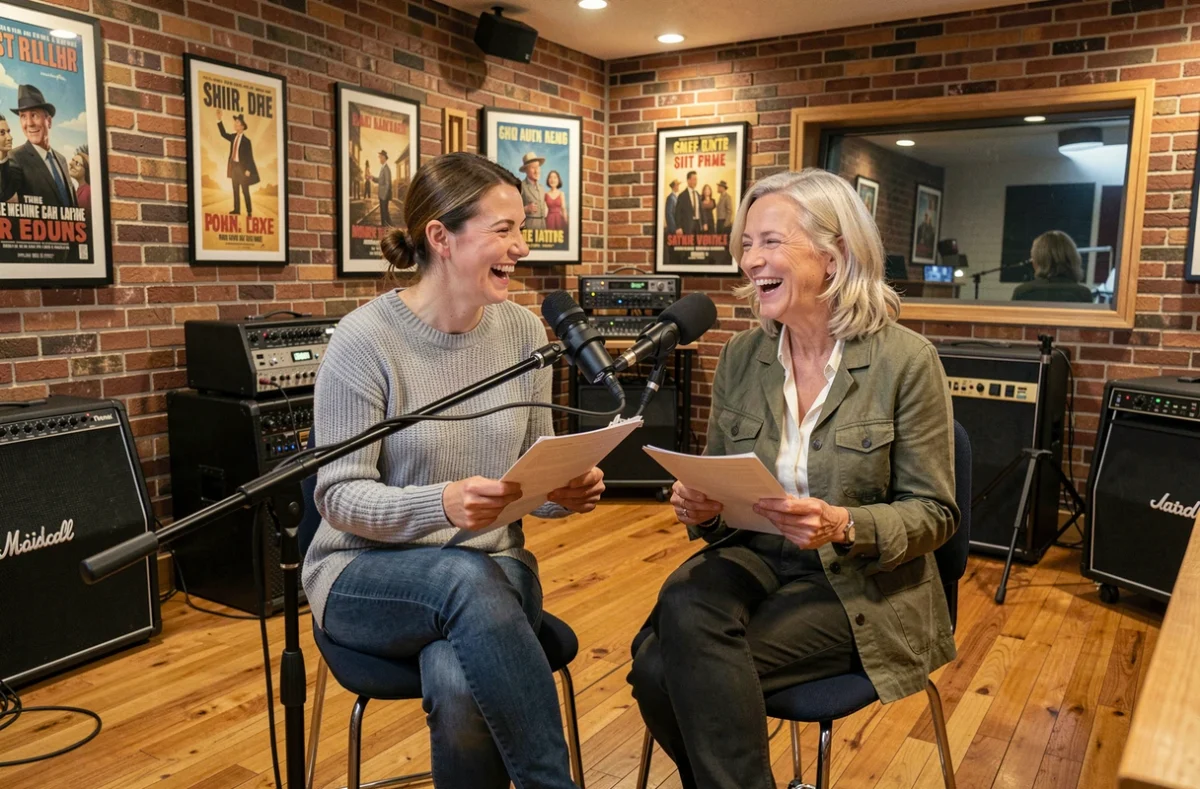 Deux actrices françaises de doublage enregistrant ensemble dans un studio ouvert pour un film d'animation, souriant devant leur microphone