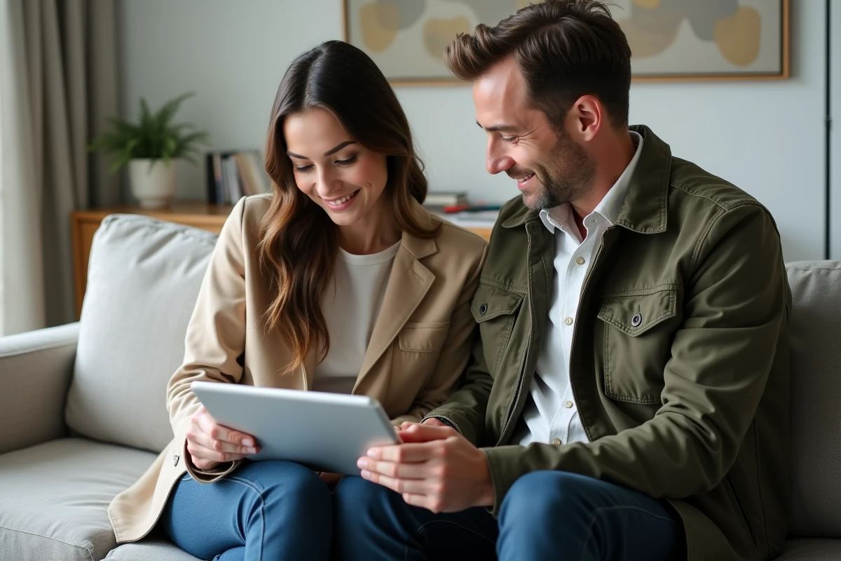 Deux adultes consultant ensemble ACTUTANA sur une tablette numérique dans un salon contemporain minimaliste
