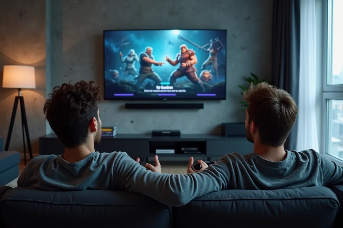 Deux joueurs en co-op analysant ensemble une composition TFT sur grand écran pour optimiser leur soloQ