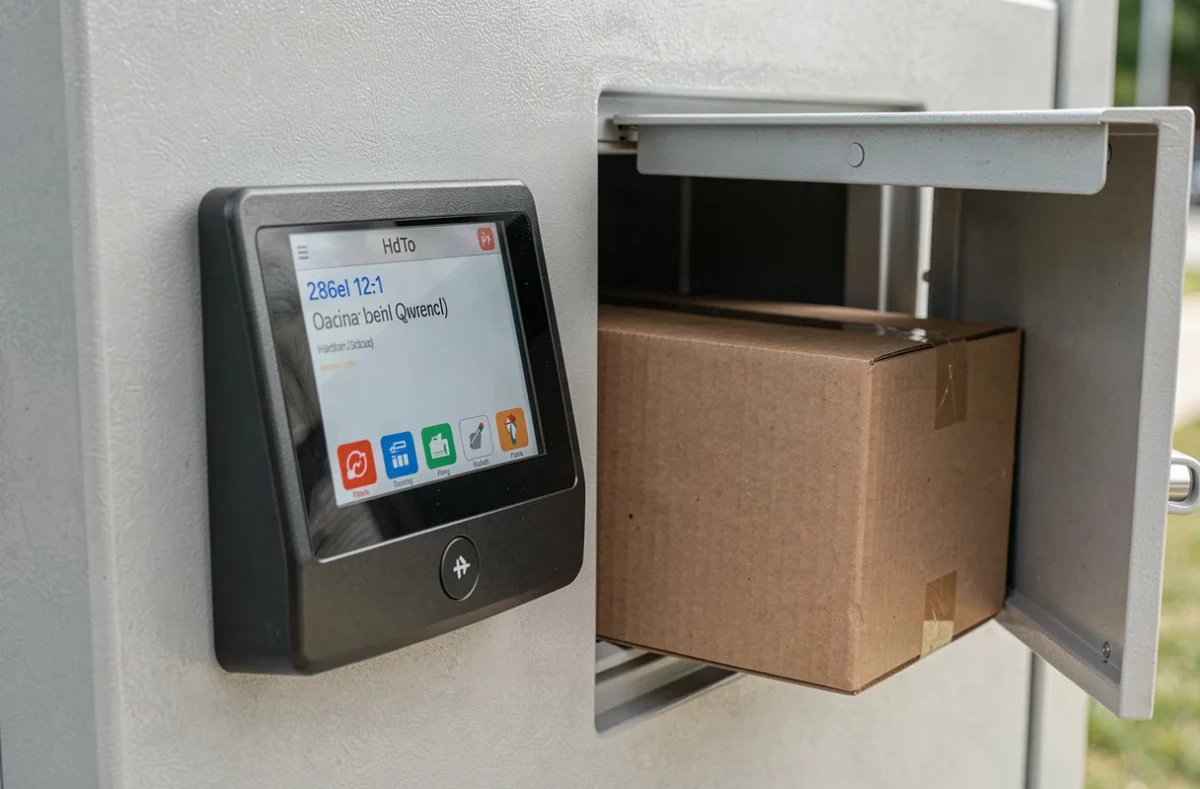 Écran tactile d'un locker à côté d'un casier ouvert