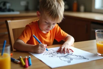 Enfant coloriant un dessin Dragon Ball Z imprimé sur papier blanc à la maison