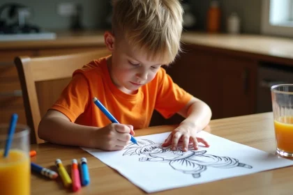 Enfant coloriant un dessin Dragon Ball Z imprimé sur papier blanc à la maison