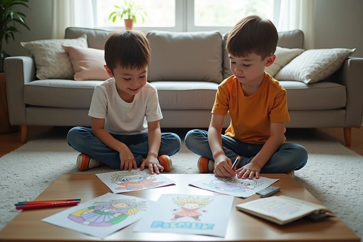Deux enfants coloriant ensemble des dessins Dragon Ball Z imprimés sur le sol du salon