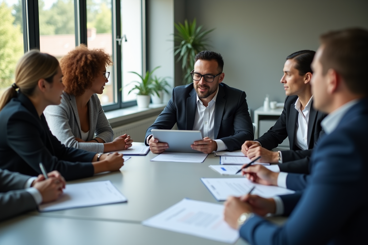 Groupe de professionnels discutant autour d