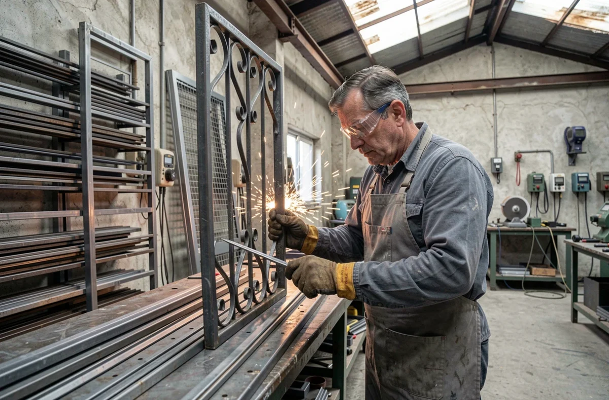 Artisan métallurgiste d'Espace Metal travaillant sur une grille en fer forgé dans un atelier à Vitry-sur-Seine
