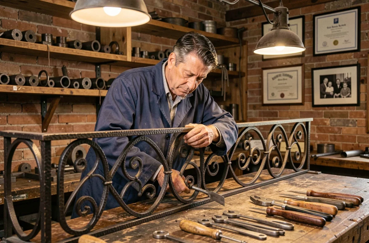 Artisan des Établissements Fiore assemblant une rambarde en fer forgé dans un atelier familial à Vitry-sur-Seine