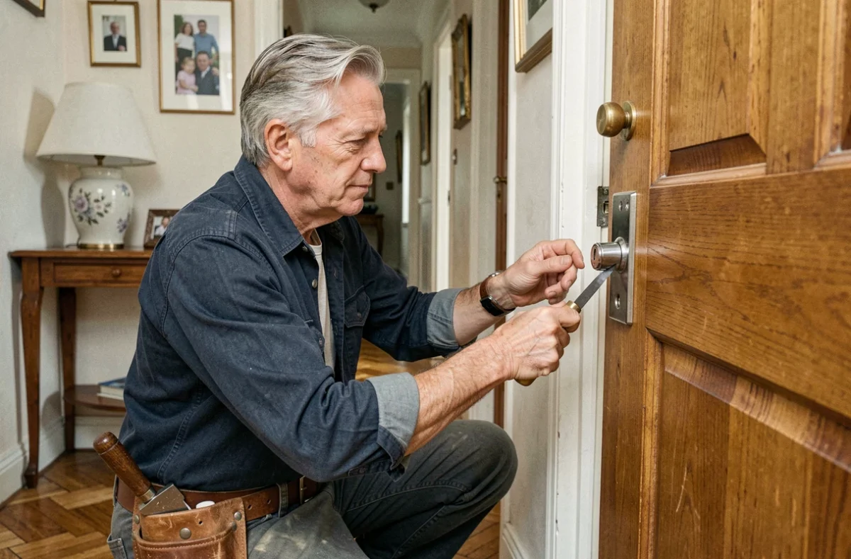 Serrurier des Établissements L Guérineau installant une serrure sur une porte en chêne dans une maison à Vitry-sur-Seine