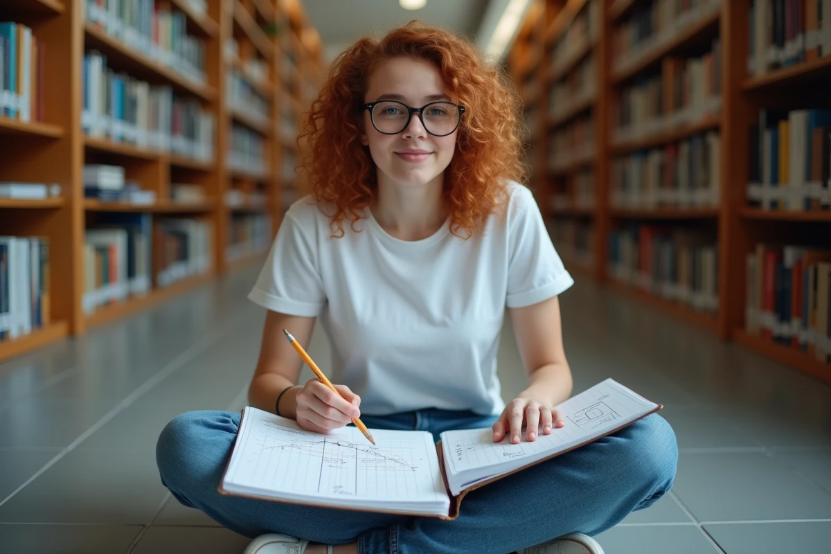 Étudiant calculant l'aire d'un rectangle en millimètres dans un carnet quadrillé dans une bibliothèque universitaire