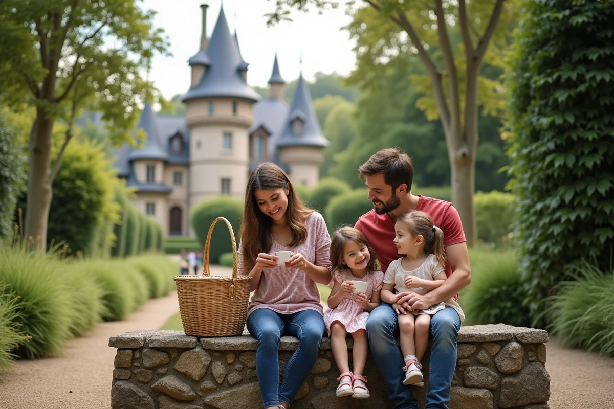 Famille partageant un pique-nique dans le jardin du palais