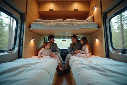 Famille de quatre dans un van aménagé avec lit superposé