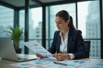 Jeune femme d'affaires analysant des graphiques colorés