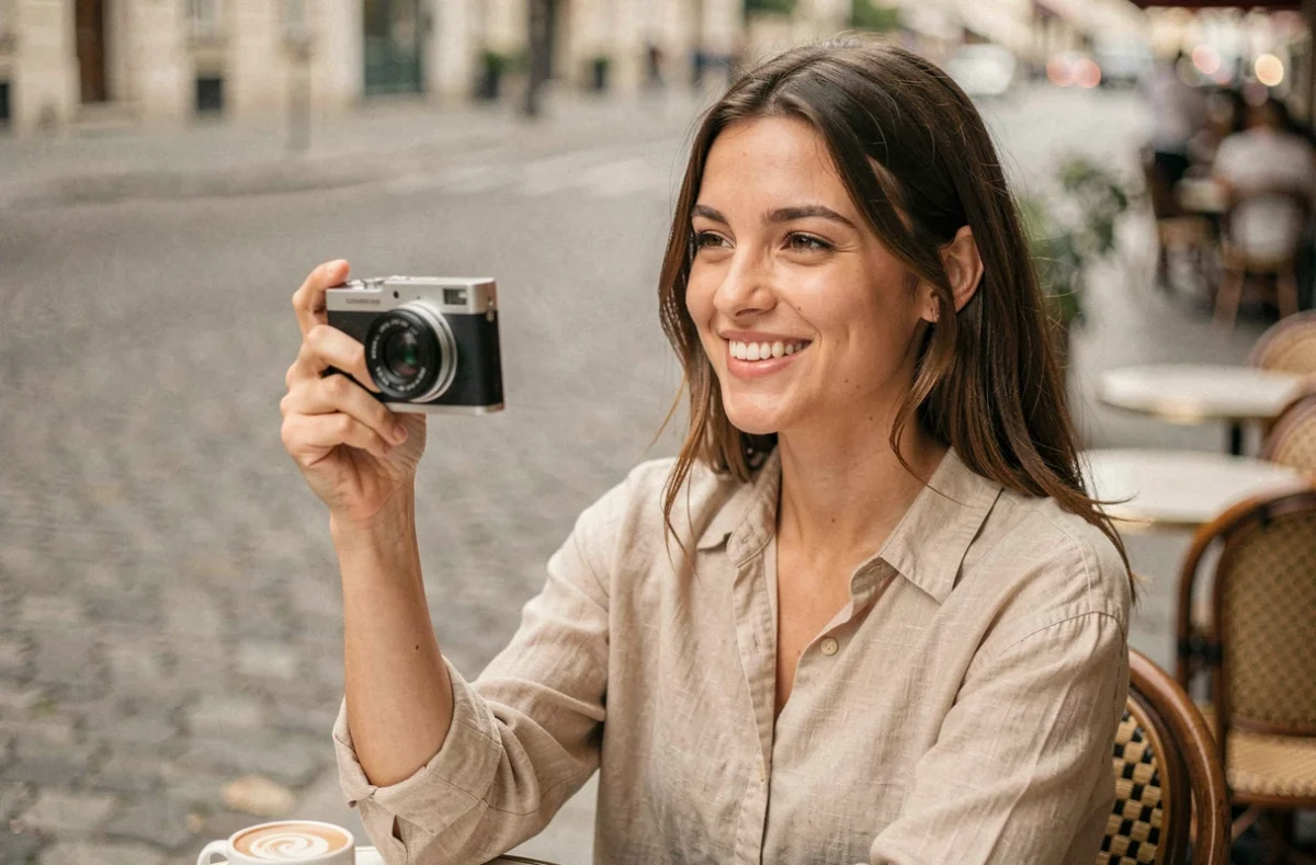 Jeune femme tenant un appareil photo compact dans un café parisien pour partager ses photos sur Instagram