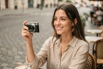 Jeune femme tenant un appareil photo compact dans un café parisien pour partager ses photos sur Instagram