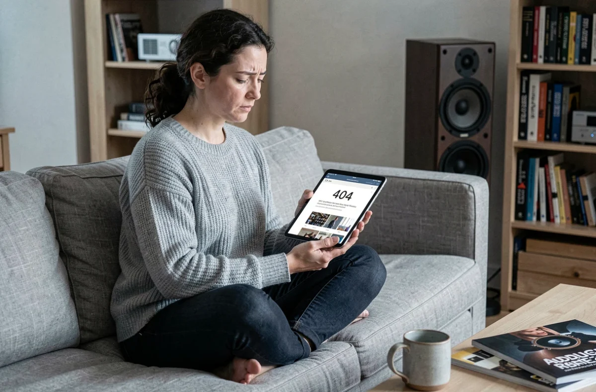 Une femme passionnée de hi-fi découvre la disparition d'un blog de référence sur sa tablette dans son salon