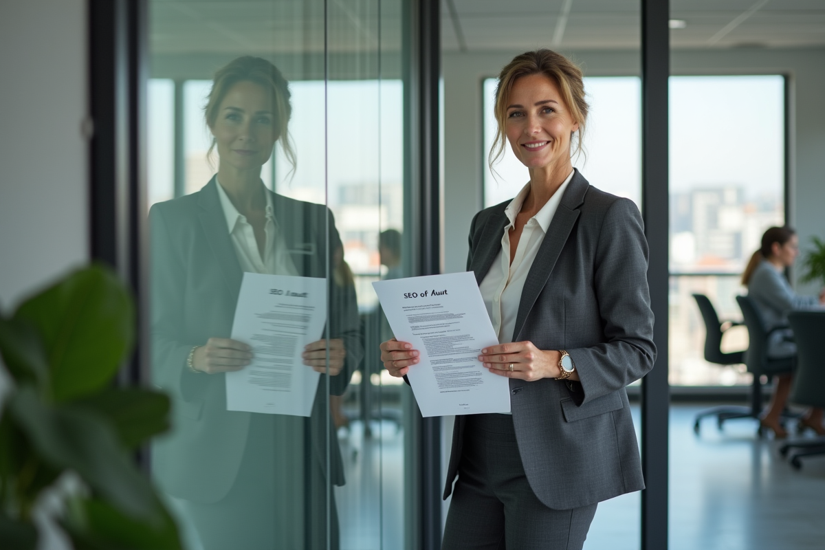 Femme d affaires tenant un rapport d audit SEO devant une fenêtre