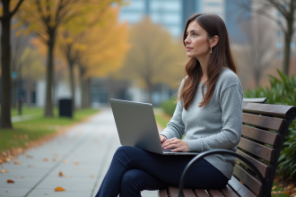 Femme assise sur un banc dans un parc en automne contemplant la ville
