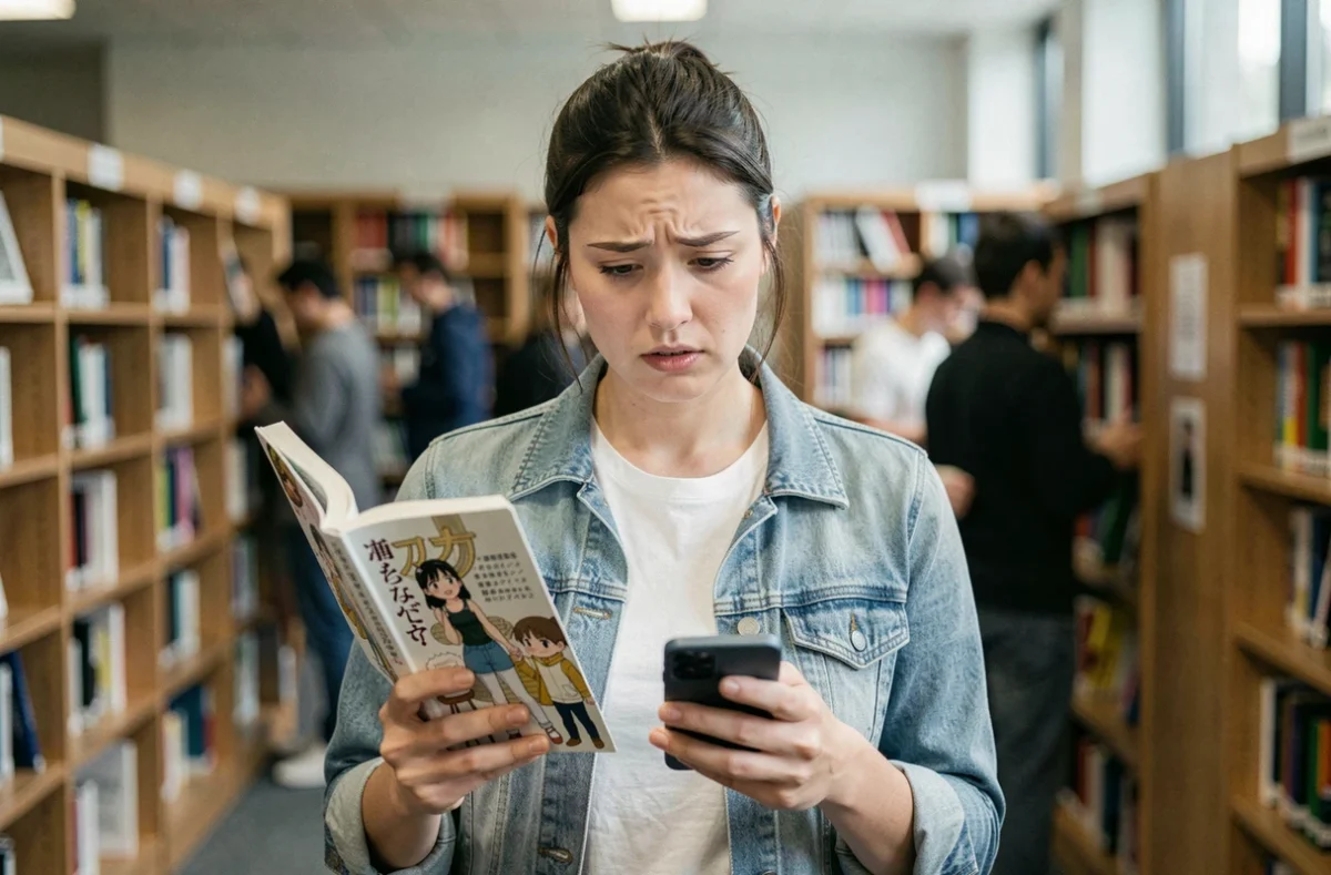 Femme en bibliothèque comparant un manga physique avec un site de lecture gratuite sur smartphone, questionnant la légalité du scan en ligne