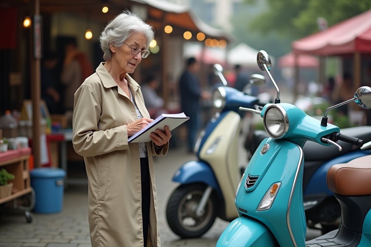 Femme évaluant des scooters 50cc au marché