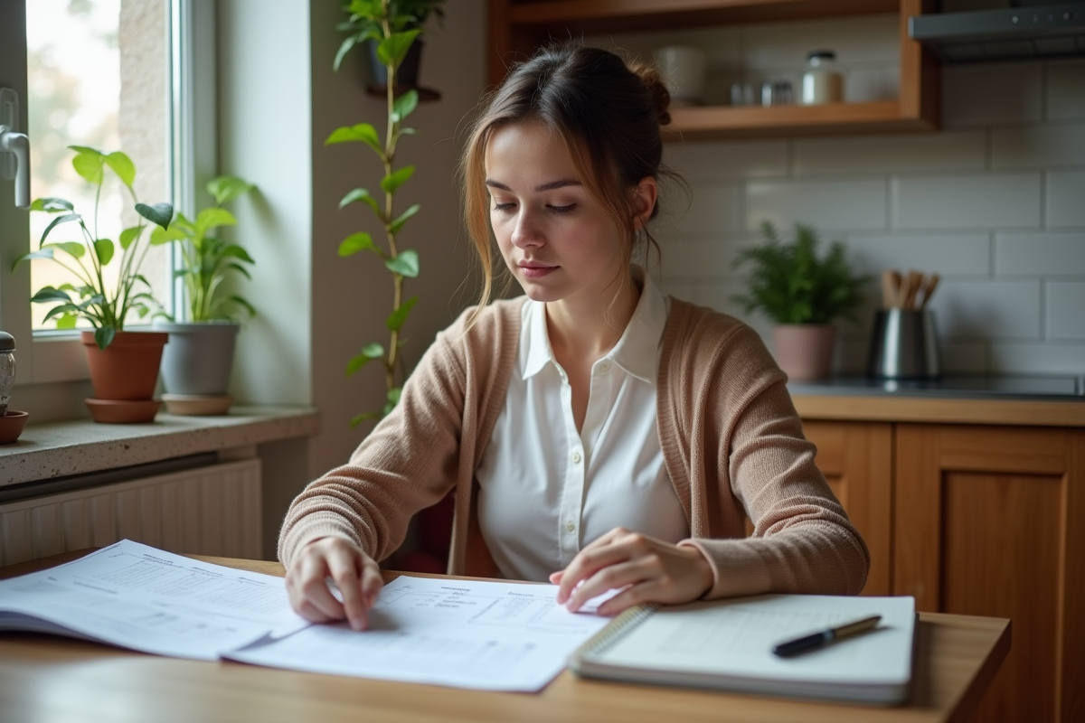 Jeune femme vérifiant ses factures dans la cuisine